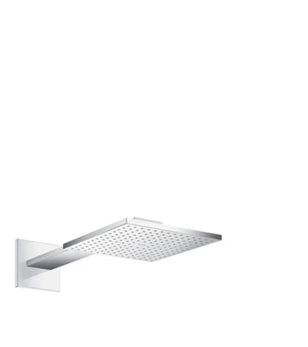 Kopfbrause von AXOR in quadratischer Form mit flachem Design und punktförmigen Düsen. Montiert an einem schlichten Brausearm.